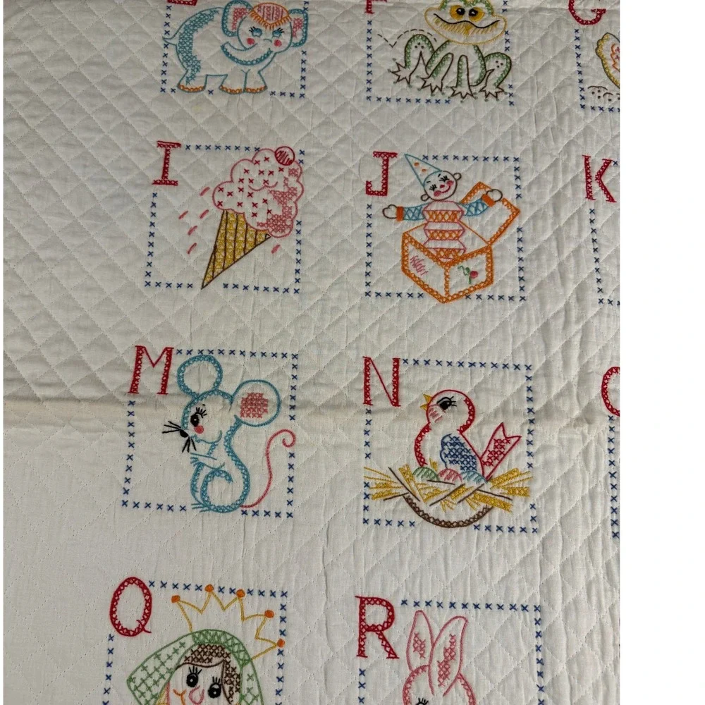 Vintage‎ Bucilla Alphabet Quilted Crib Cover and Bibs Set Hand Embroidered 70s
